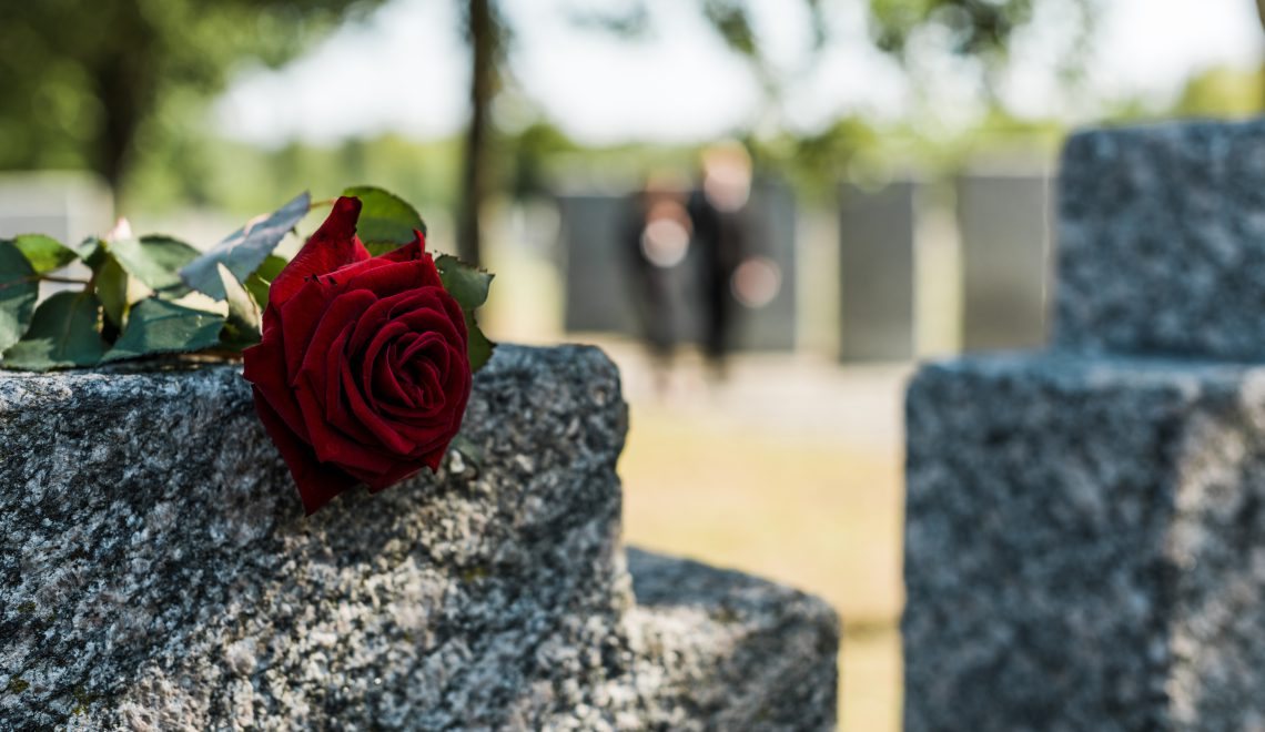 Rote Rose auf einem Grabstein